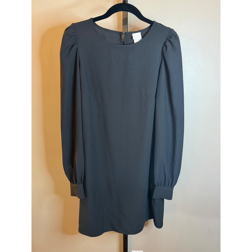HM Black Long Sleeve Puff Shoulder Shift Dress Size Medium Keyhole Back Mini